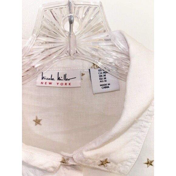 Nicole Miller White Linen Button Front Shirt With Embroidered Gold Stars, Medium - Picture 2 of 4